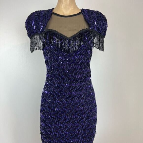 Vintage 80s Womens 12 Peacock Purple Sequin Party Dress New Years Flapper Unique - Picture 1 of 16